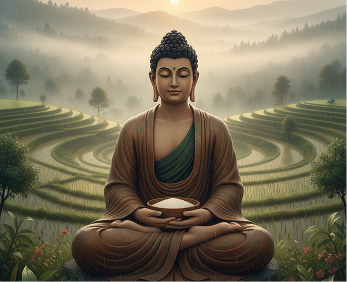 Buddha holding rice in terraced fields
